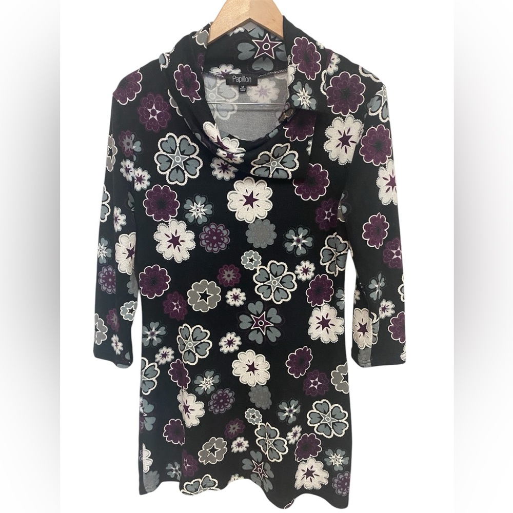 Papillon Sweater Dress Women’s 3/4 Sleeve Cowl Neck Size Medium Floral